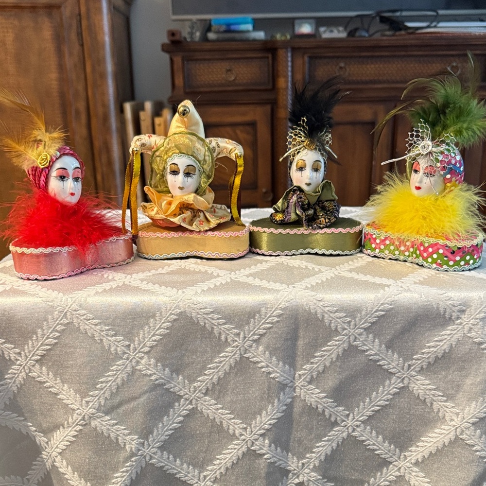 Set of 4 Colorful Vintage Porcelain Venetian Mask Figurines